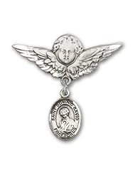 Sterling Silver Baby Badge with St. Dominic Savio Charm and Angel with Wings Badge Pin