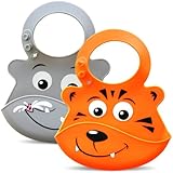 Bibimals Baby Bibs (Safari Pack) Button Latch Better for Long Hair - Funny Cool Cute 2 Pack of Bibs with Food Catcher Pocket Made From Waterproof Washable Silicone Plastic, Best for Use with Girl or Boy Infants and Babies - Your Baby Will Love These Silly Animal Face Bibs, Great Baby Shower Gift, Lifetime Guarantee - [Add These Bibs to Your Baby Registry Today]