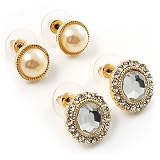 Diamante And Faux Pearl Stud Earrings - Set of 2 Pairs (Gold And Ivory)