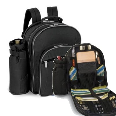 Capri Insulated Picnic Backpack w/ Wine Duffel & Deluxe Service For 2 (Black/Silver)