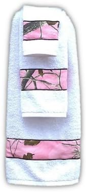 Realtree Pink Camo Towel Set 3PC (1) Bath Towl (1) Hand Towel (1) Wash Cloth (White & Realtree Pink Accent)