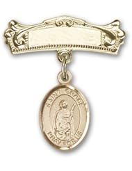 Gold Filled Baby Badge with St. Grace Charm and Arched Polished Badge Pin