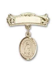 14K Gold Baby Badge with St. Grace Charm and Arched Polished Badge Pin