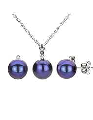 Sterling Silver 9-10mm Freshwater-Black Cultured Pearl with .03ctw Diamond Necklace Earring Set with 18" Length, Sterling Silver Chain.