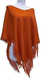 Handmade Lightweight Poncho - Pumpkin Orange (Hand-crocheted Border/medium/large)