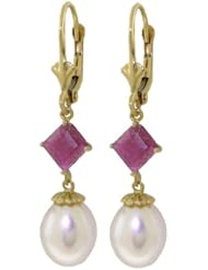 14k Gold Leverback Earrings with Genuine Pearls & Ruby