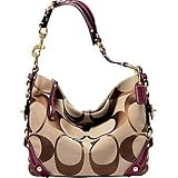 Coach Signature Large Carly Hobo Handbag Khaki Magenta Purple 10620