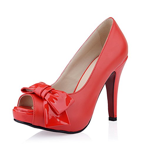 Vogue001 Womens Open Peep Toe High Heel Stiletto Platform PU Soft Material Solid Pumps with Bowknot, Red, 38