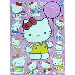 Large sheet of hello kitty wall stickers. Big sheet size 15" x 11 1/2". Jumbo Hello Kitty is 8 1/2 inches tall w/balloon 12 inches tall. Total 12 hello kitty and 12 more little accent stickers too.