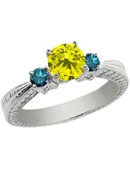 1.04 Ct Round Canary and Blue Diamond 18K White Gold 3-Stone Ring
