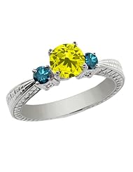 1.04 Ct Round Canary and Blue Diamond 925 Sterling Silver 3-Stone Ring
