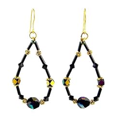 Earrings - E309 - Bugle Beads and Fire Polished Glass Beads - Oval Loop ~ Black Irridescent