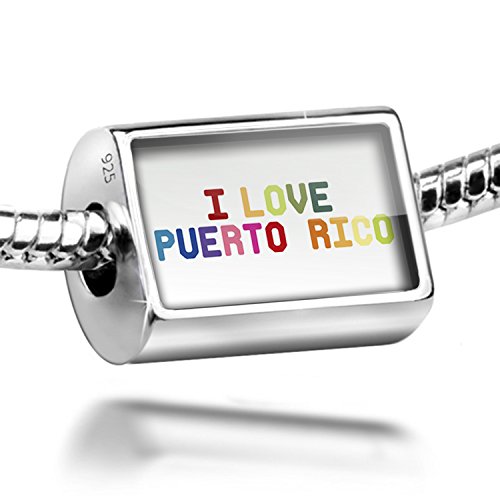 Sterling Silver Charm I Love Puerto Rico ,Colorful - Bead Fit All European Bracelets, Neonblond