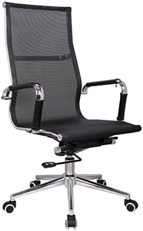 Classic High Back Chair Black Netting Material, Chrome Arms with Faux Leather Padding, Tortion Tilt Mechanism, Chrome Base.