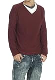 LOUIS CHAVLON ２枚組 無地 ニット ロンＴ メンズ 長袖 Vネック Tシャツ セーター アンサンブル (WINE)