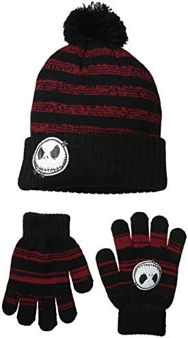 Nightmare Before Christmas Big Boys' Striped Cuff Pom Beanie with Glove Set