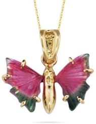 Pink & Green Tourmaline Butterfly Pendant in 18K Yellow Gold