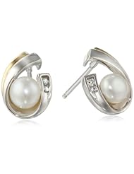 S&G Sterling Silver, 14k Yellow Gold, and Freshwater Cultured Pearl (5.0-5.5mm) and Diamond Earrings