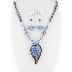 Blue Murano Glass Flower Pendant Freshwater Pearl Sterling Silver Necklace and Earrings Set ne964