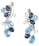 14K White Gold Hand-Crafted Designer Curve-Shaped Earrings, Enhanced with Prong Set Diamonds and Precious and Semi Precious Stones.(GH-Color, SI-Clarity, c.t.t.w.Diamonds 0.14CT).