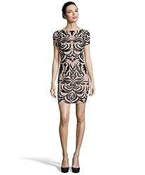 Natural   Waistline Short Sleeves Applique Mesh Lace Fitted Bateau Neck Sheath Faux-Leather  Dress