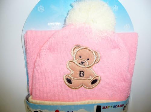 Teddy Bear Pink Hat & Scarf with Yellow Accent