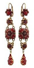 Michal Negrin Beautiful Dangle Earrings Ornate with Hand Painted Flowers, Red and Bordeaux Swarovski Crystals and Tear Drop Accent; Victorian Elegance