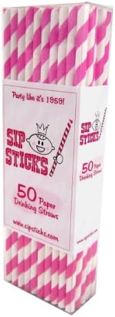 SipSticks Paper Drinking Straws Biodegradable 50 Pack - Hot Pink Stripe