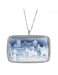 Sterling Silver Italian Blue Agate Equestrian Hunting Cameo Pin-Pendant Necklace, 18"