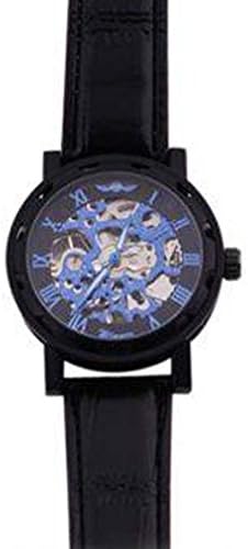Classic Men's Dial Skeleton Black Leather Mechanical Sport Army Wrist Watch (Blue)