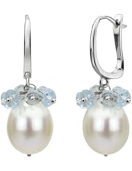 14k white gold 10-11mm white freshwater pearl high luster with blue topaz gemstone leverback earring, great for your any occasions