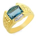10K Yellow Gold Diamond Accented & Blue Topaz Men's Ring - Size 10.5