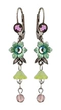 Michal Negrin Dangle Earrings with Hand-Painted Flowers, Leaves, Beads, Green and Purple Swarovski Crystals - Hypoallergenic, Victorian Style