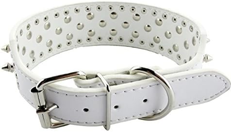 Liventop 14.5"-17.5" White Faux Leather Spiked Studded Dog Collar 2" Wide, 25 Spikes 49 Studs, Pit Bull, Boxer