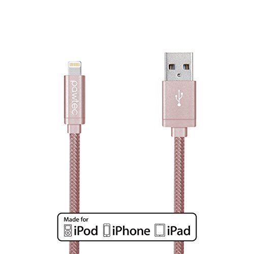 Pawtec Premium Lightning to USB Charge and Sync Cable Apple MFi Certified Braided 10 Feet / 3 Meter Super Long 7 / 7 Plus / 6s 6 Plus / 6s 6 / SE / iPad Pro / Air / iPad mini 3 / iPod (Rose Gold)