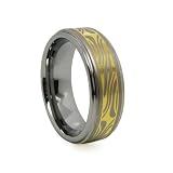 8mm Gold-plated Mokume Gane Design Flat Ridged Edges Comfort Fit Tungsten Carbide Ring Men's Aniversary/engagement/wedding Band (Size 8,9,10,11 Selectable)