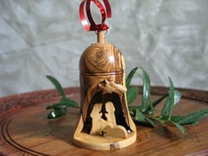 #!Cheap Christmas Bell with Nativity Inside- Olive Wood Bell Ornamernt