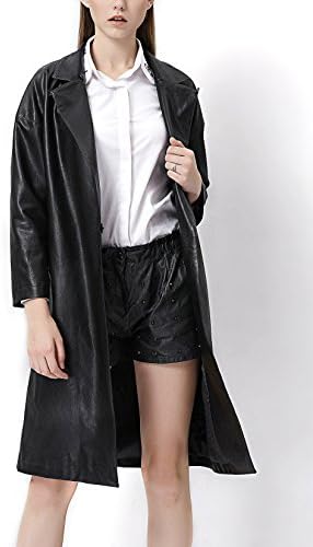 Miss Cookies Women's Plus Size Black Long Faux Goat Leather Trench Coat (4XL)