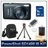 Canon PowerShot SD1400 IS Digital ELPH (Black) 4181B001, 14.1 Megapixel, 4x 28-112 mm Zoom Lens, 2.7 LCD, DIGIC 4 Image Processor, 720p HD Video with HDMI Output, 8 GB Memory Card, Reader, Tripod, Camera Case, and Lens Cleaner