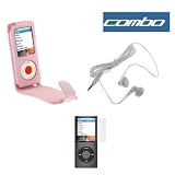 Premium Pink Flip Leather Case with Belt Clip + White Stereo 3.5mm Headset + Clear Reusable LCD Screen Protector for Apple Nano Chromatic 8GB 16GB 4G 4th Generation