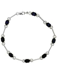 10k White Gold Dash Bar Tennis Bracelet w/ 0.05 Carat Brilliant Cut Diamonds & 4.0 Carats Oval Cut Created Blue Sapphire Stones, 3/16 in. (5mm) wide