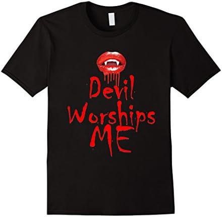 Men's Funny I am evil Vampire fang lips Devil worships me T shirt Large Black
