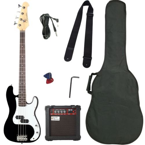 Barcelona Beginner Series Bass Guitar Bundle with 10-Watt Amp, Gig Bag, Instrument Cable, Strap, Strings, Picks, and Polishing Cloth - Black