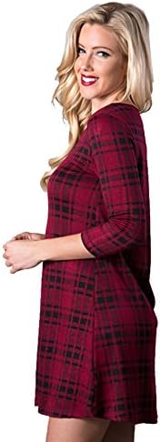 Loime Cherri Women's 3/4 Sleeve Plaid Knit Skater Dress Top (Medium, Black/Burgandy)
