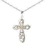 Sterling Silver White Inlay Mother of Pearl Cross Pendant on Fine Rolo 16-18in Chain Necklace