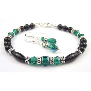 Buy 2 Piece Set: Emerald May Birthstone Bracelets in Onyx, Sterling Silver, and Swarovski Austrian... by Gemstone Gifts Handmade Jewelry