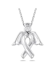 Womens Sterling Silver Diamond Angel Ribbon Pendant Necklace (0.06 cttw, I-J Color, I2 Clarity)