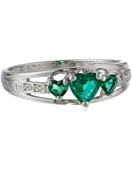 Sterling Silver Heart-Shape Created Emerald and Diamond (.018 cttw) Ring, Size 7
