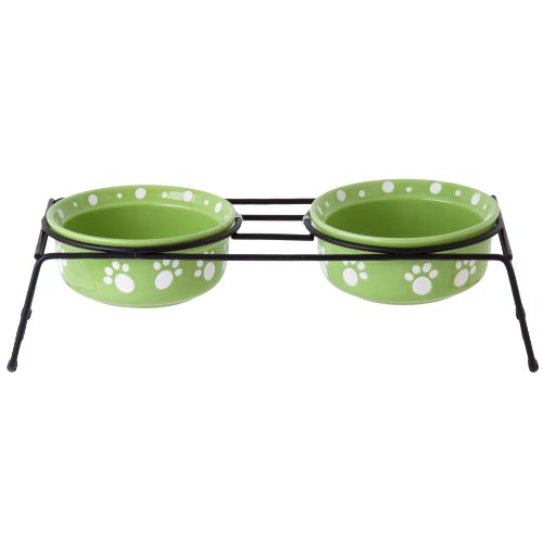 Signature Housewares Paws Dog Bowl, Set of 2 Bowls with Stand, Pear Green