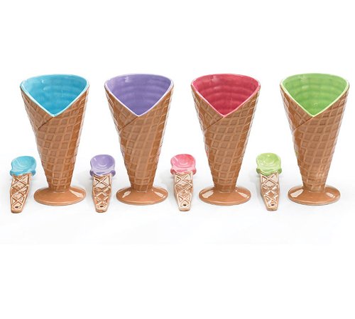 Set Of 4 Large Ice Cream Cone Dishes/Bowls With Spoon Great For Party On Sale